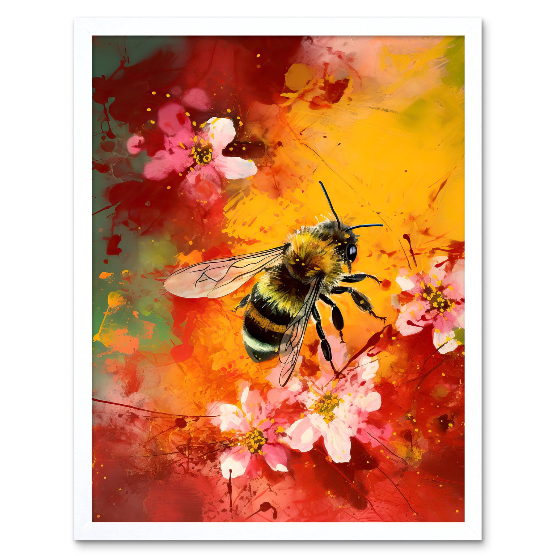 Honey Bee on Abstract Flower Bed Oil Painting Art Print Framed Poster ...