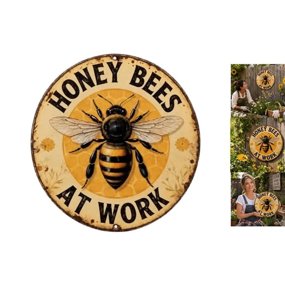 Honey Bees At Work Tin Sign - Vintage Metal Wall Decor for Farmhouse & Garden - Rustic Beekeeper Gift Plaque (16in)