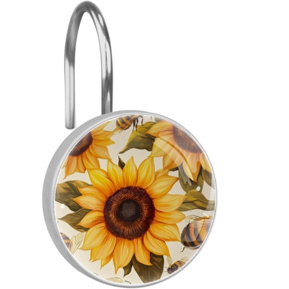 Honey Bees Sunflowers Shower Curtain Hooks Round Crystal Glass, Set of 12 Shower Curtain Rings - Shower Hooks for Curtain Shower Rings
