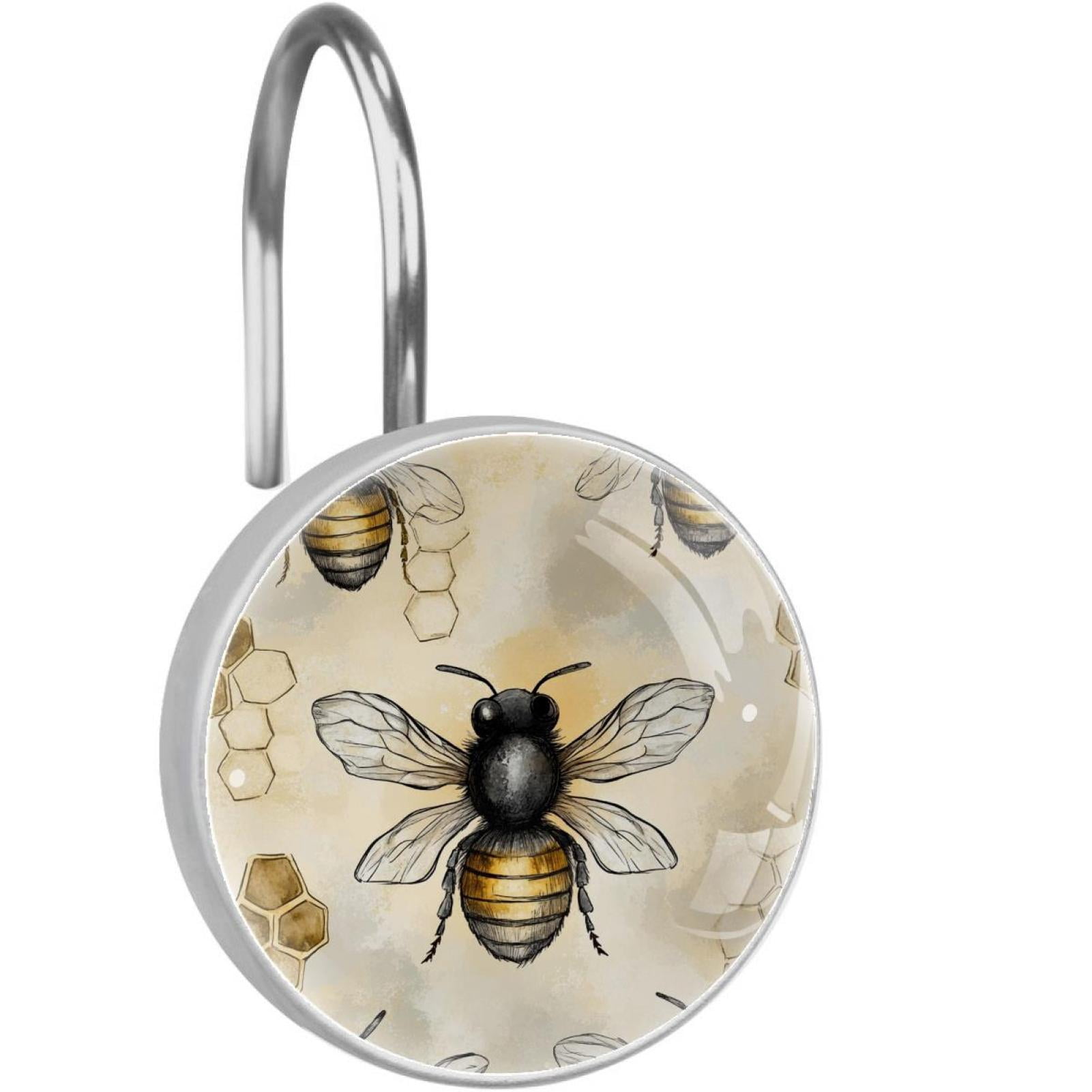Honey Bees and Hives Shower Curtain Hooks Round Crystal Glass, Set of 12 Shower Curtain Rings - Shower Hooks for Curtain Shower Rings
