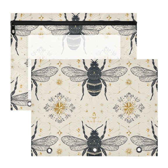 Honey Bees with Elegant Prints 3-Ring Binder Pocket with Zipper Pencil Pouches A4 Size File Storage 2 Packs