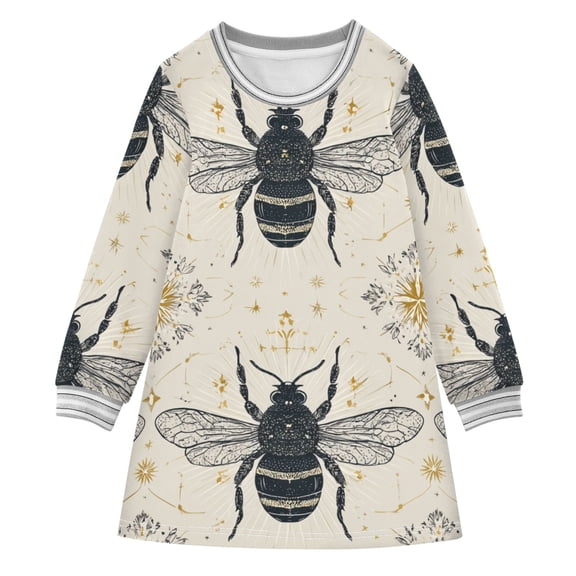 Honey Bees with Elegant Prints Long-sleeved Dress A-line One-Piece Dress for 2-8 Years Casual Party 2T