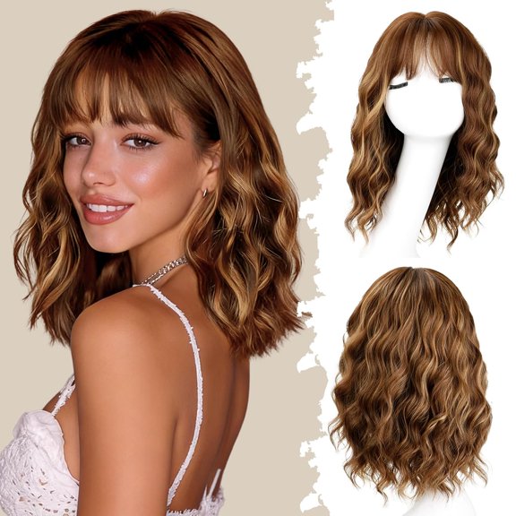 Honey Blonde Highlight Wavy Bob Wig with Bangs for Women 14 Inch Synthetic