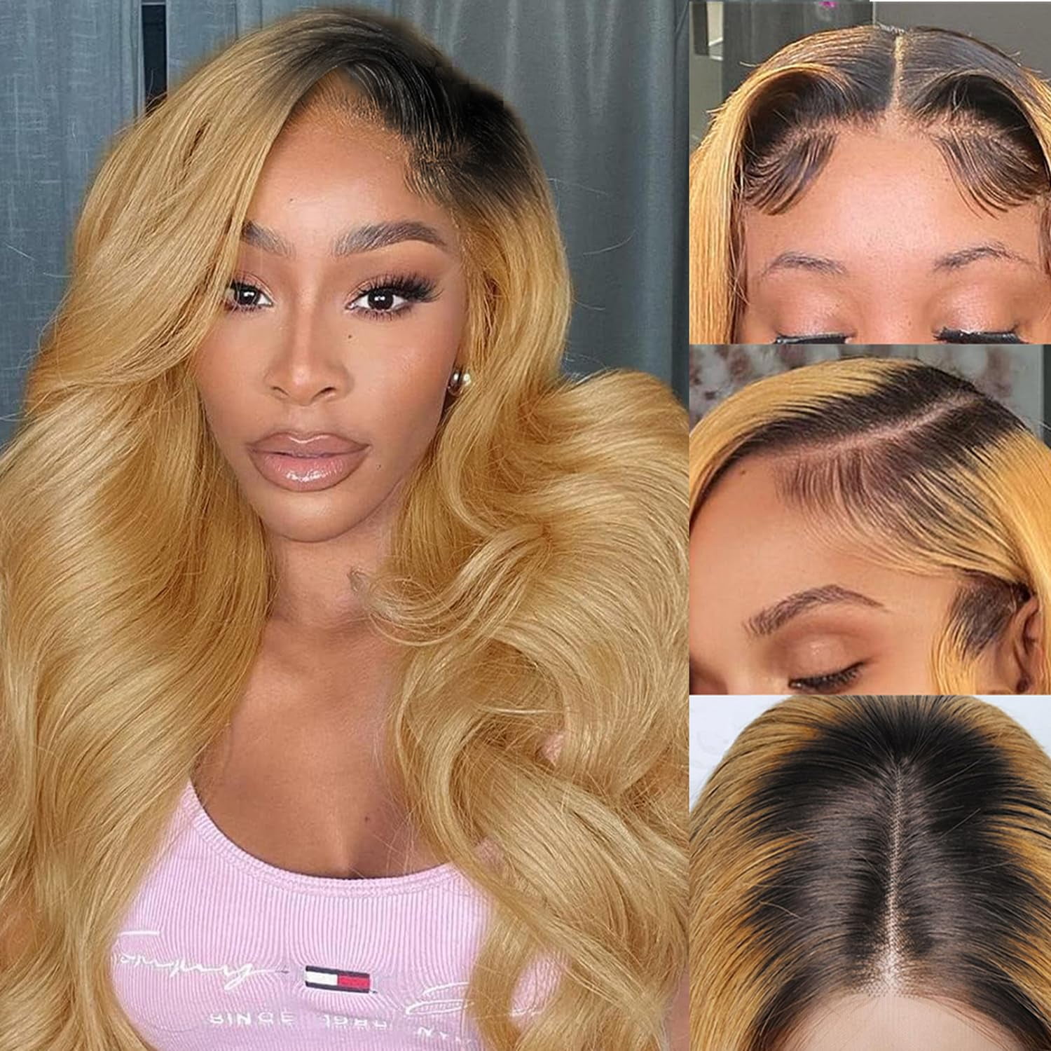 Honey Blonde Lace Front Wigs Human Hair 20 inch Black Roots Blonde