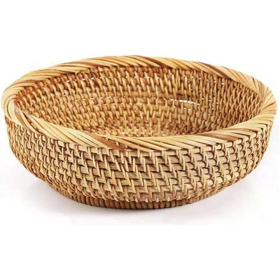 Honey Brown Rattan Round Handmade Basket, 9 in L x 9 in W x 3.5 in H, Decorative Display Basket
