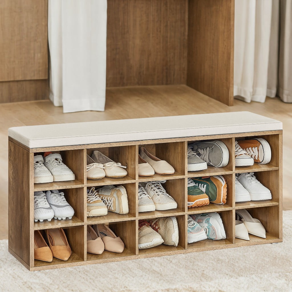 Honey Brown and Cappuccino Beige Entryway Bench with 15 Compartments,with Padded Seat, Shoe Bench with Cushion,11.8 x 41.3 x 18.9 Inches