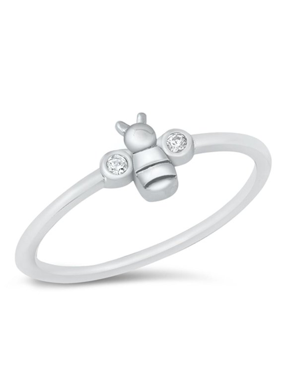 Honey Bumble Bee Clear Cubic Zirconia Ring .925 Sterling Silver Band White Jewelry Female Size 6
