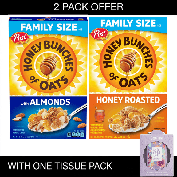 Honey Bunches of Oats with Almonds, Almond Breakfast Cereal, Family Size 18 oz Box | Honey Bunches of Oats Honey Roasted Breakfast Cereal with Oats and Granola Clusters, 18 oz Box