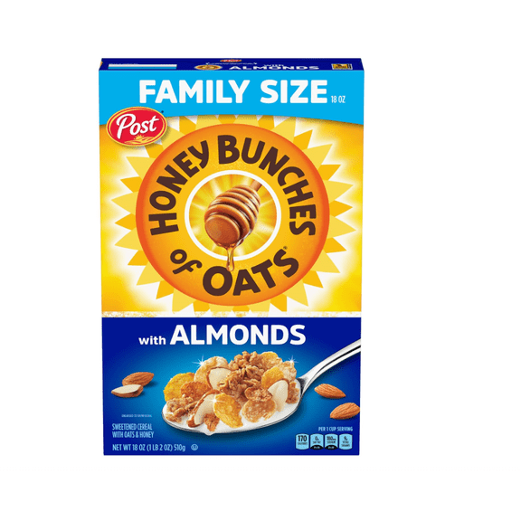 Honey Bunches of Oats with Almonds Breakfast Cereal, Honey Cereal with Granola Clusters and Sliced Almonds, Family Size, 18 OZ Box