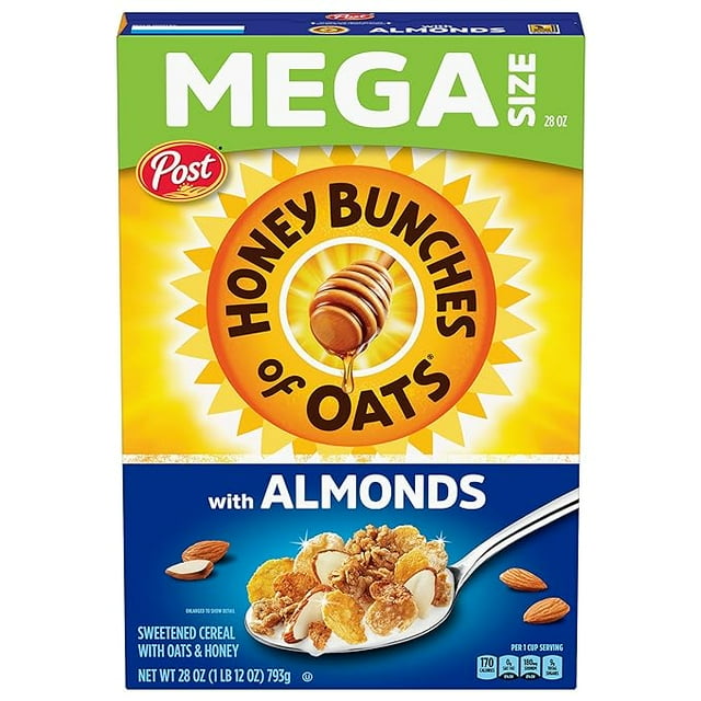 Honey Bunches of Oats with Almonds Breakfast Cereal, Honey Cereal with Granola Clusters and Sliced Almonds, Family Size Cereal, 28 OZ Box