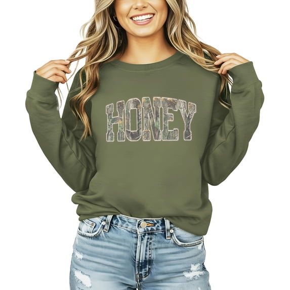 Honey Camo Sweatshirt for Women & Girls - Trendy Camouflage Graphic Crewneck Pullover Army Green Sweatshirt Adult Small