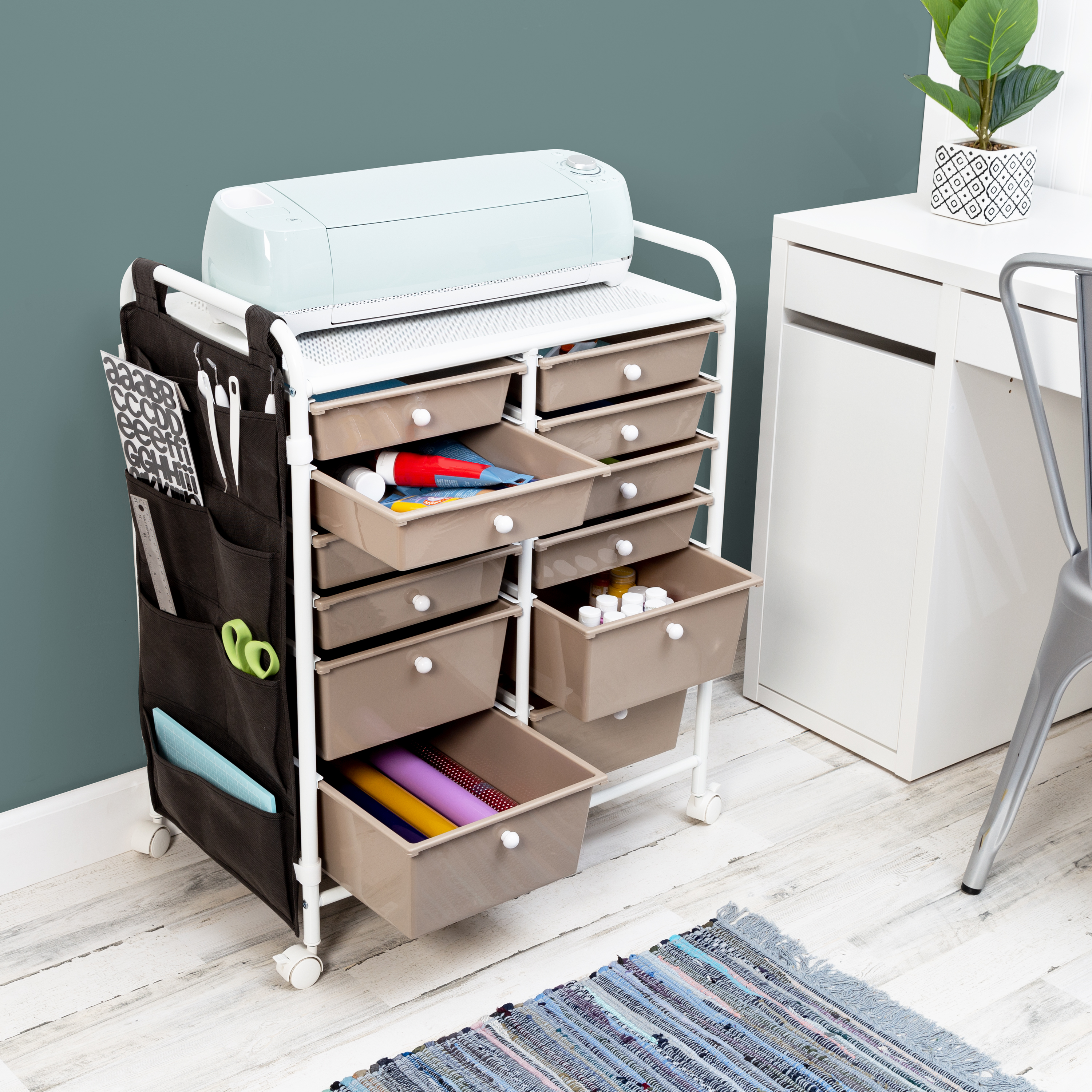 Honey-Can-Do 12-Drawer Metal Rolling Storage Cart with Black Fabric Side Pockets, Beige/White - image 1 of 13