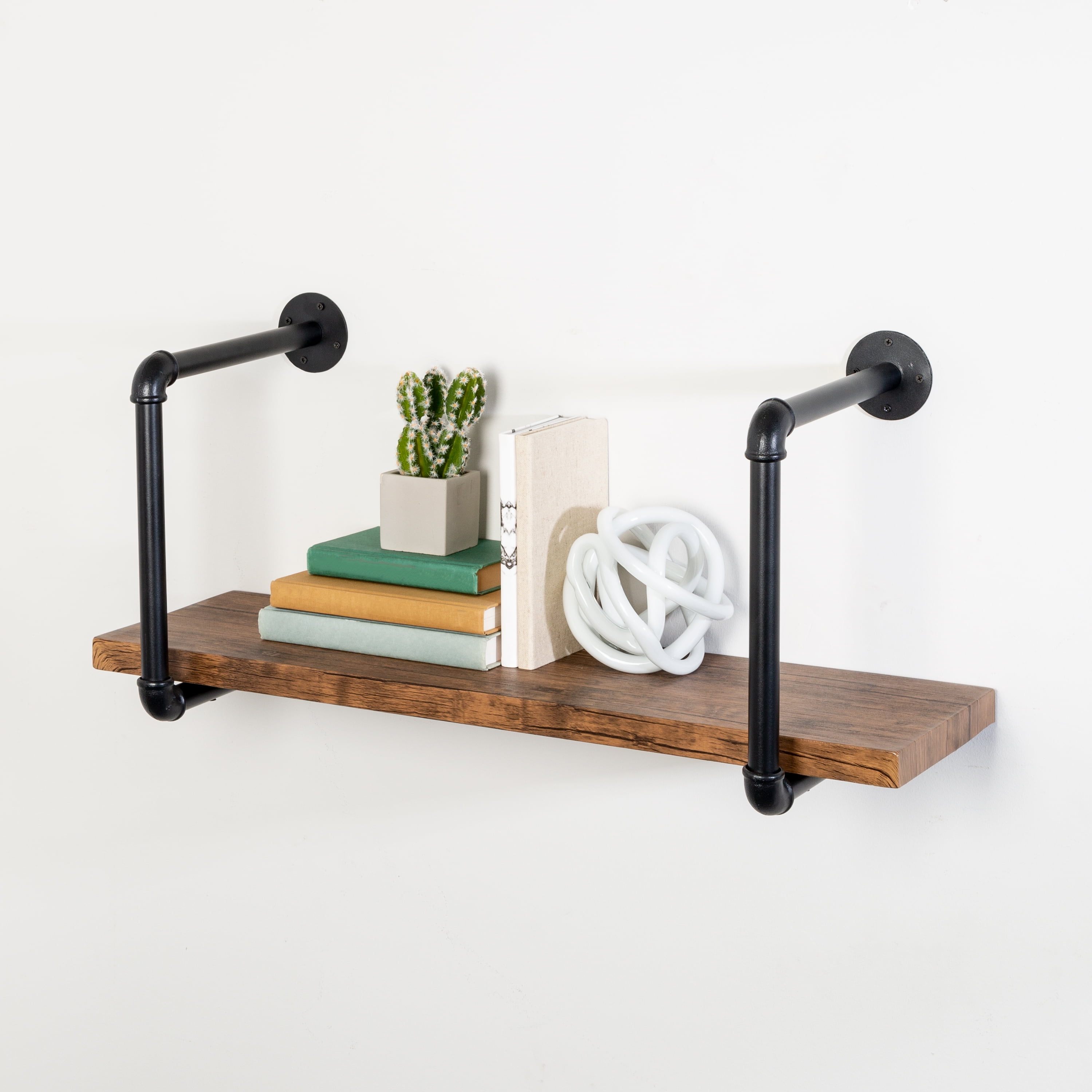 Black and Rustic Brown Industrial Steel and Wood Wall Shelf