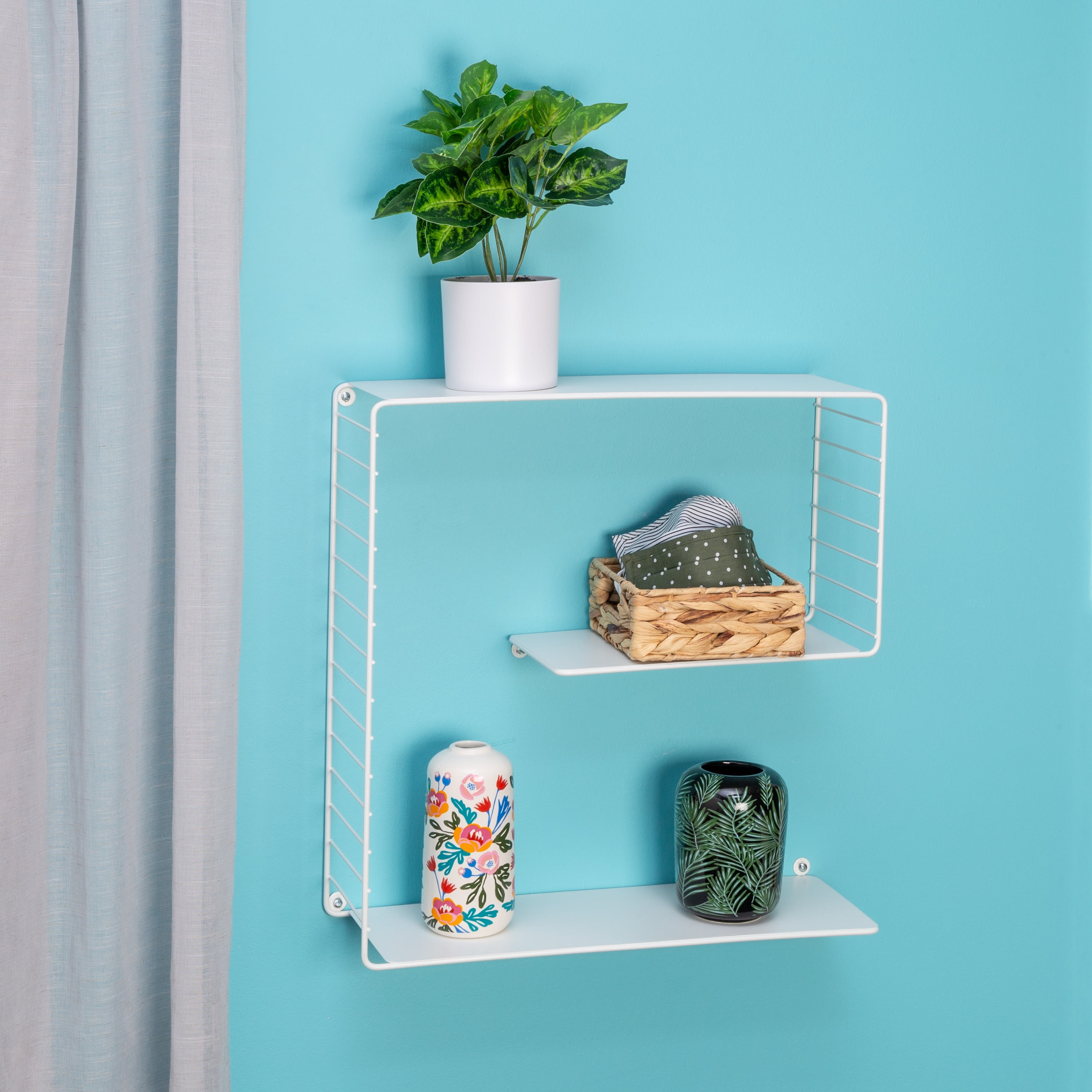 White Steel 3-Tier Floating Wall Shelf with Geometric Track