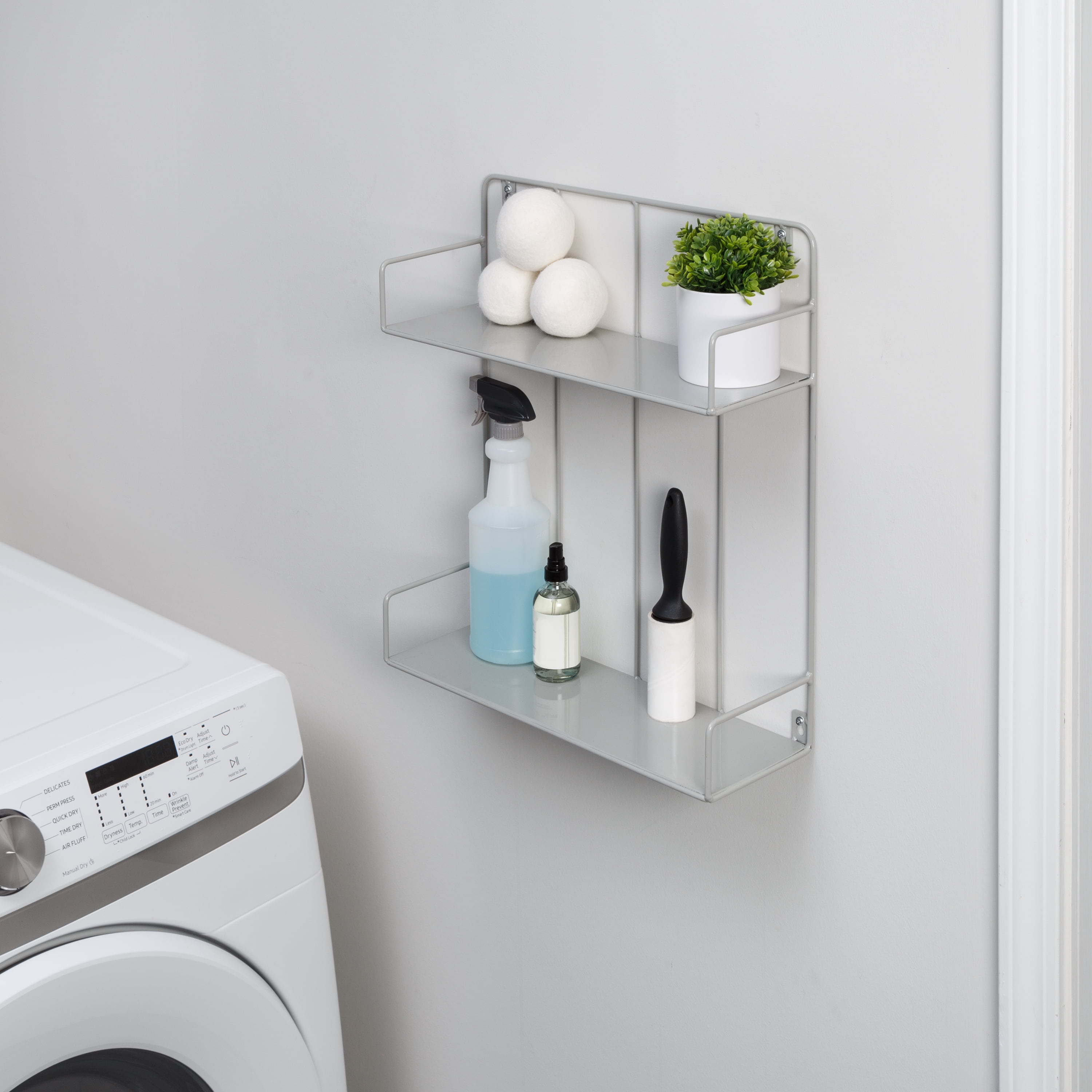 Gray Steel 2-Tier Wall Shelf with Curved Design