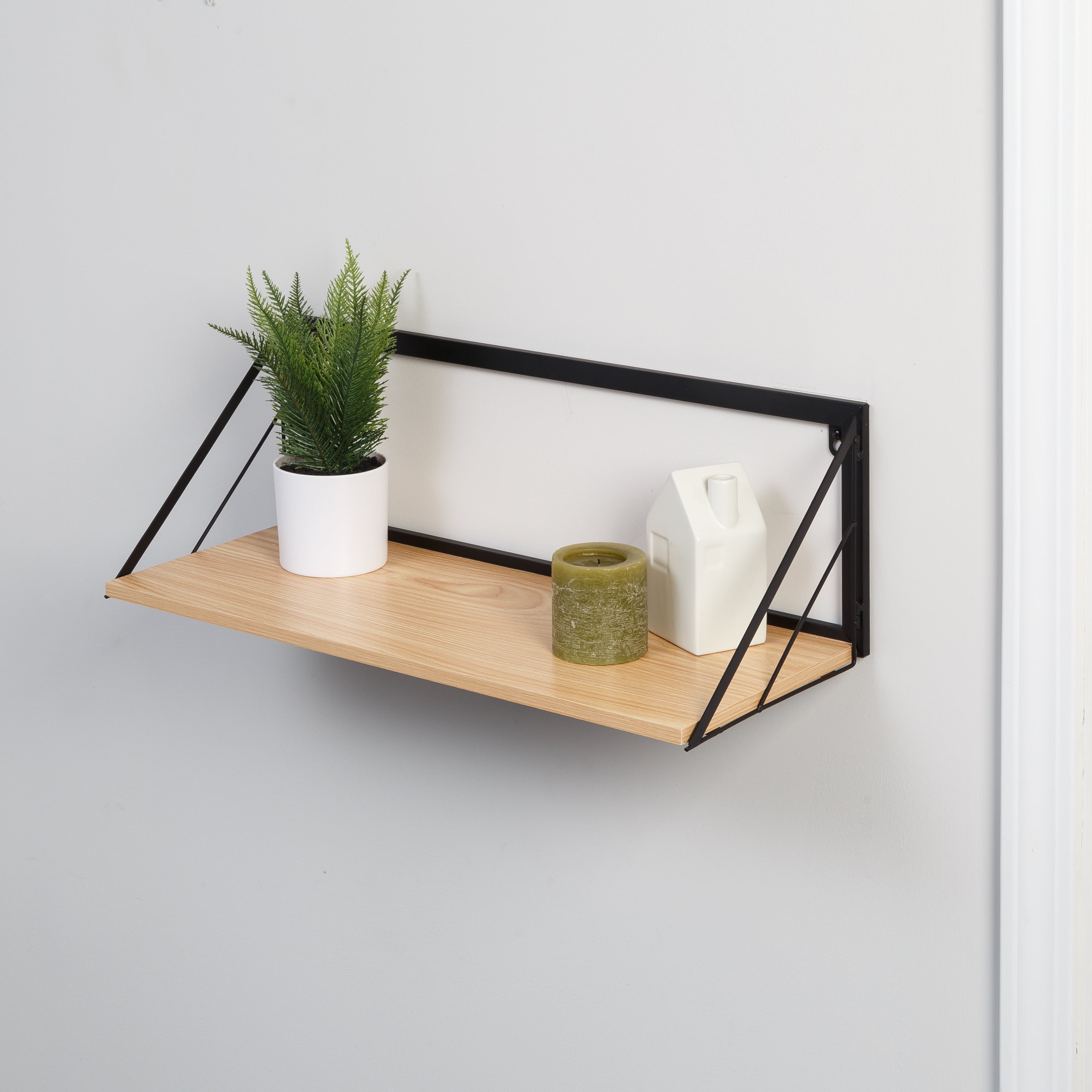 Black and Natural Wood Industrial Wall Shelf