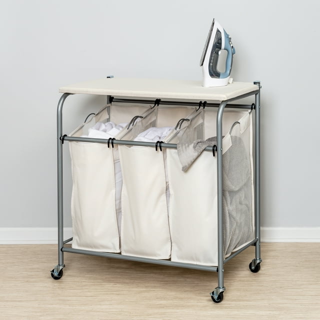 HoneyCanDo 3 Bag Steel Rolling Laundry Sorter with Ironing Board Top
