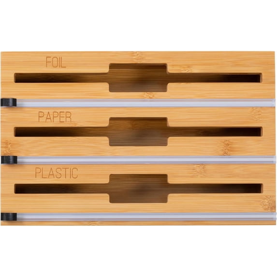 Honey Can Do 3-In-1 Bamboo Food Wrap Organizer With Safety Cutter | Plastic, Wax, Paper and Foil Holder KCH-09858 Natural