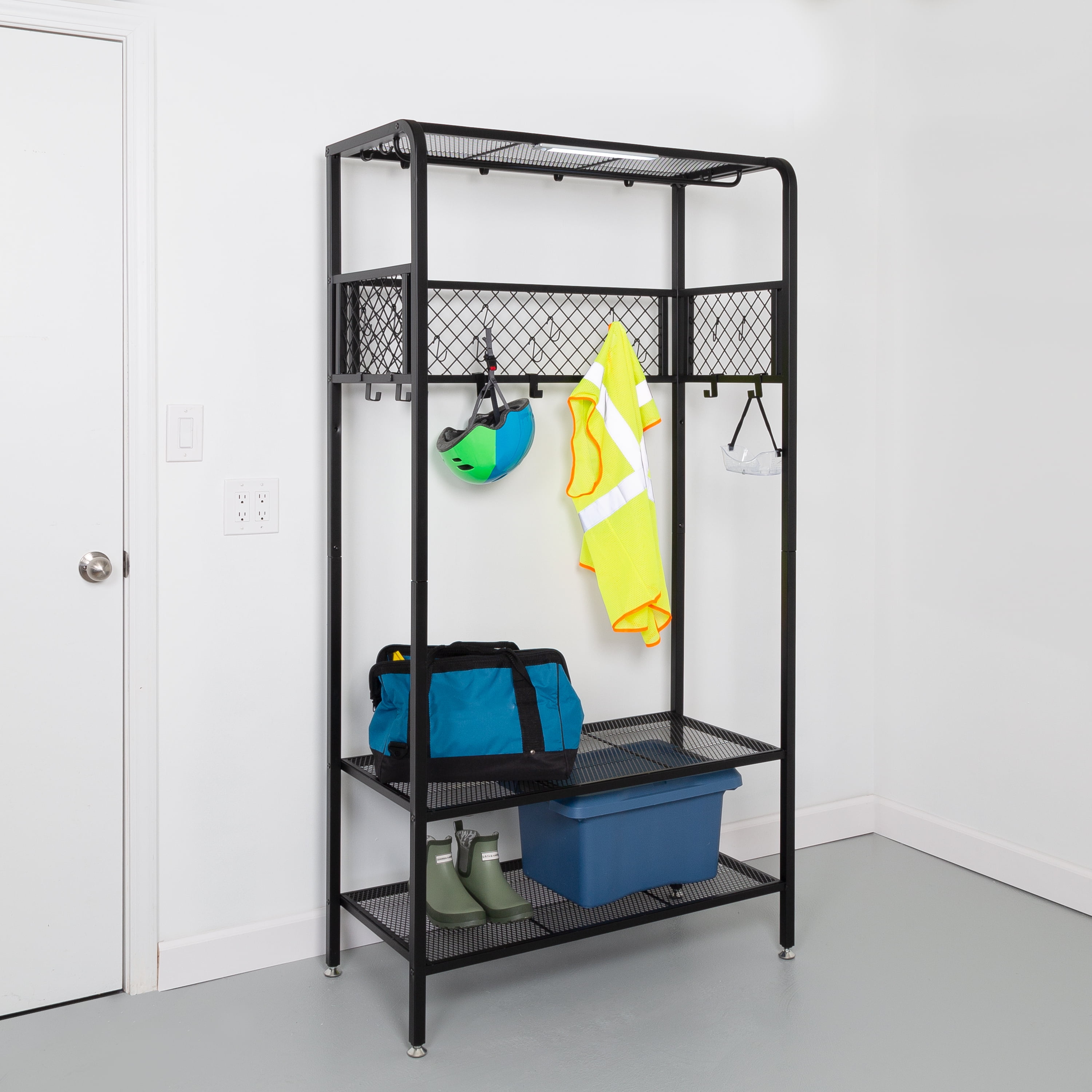 Black Steel 3-Shelf Storage Rack with Hanging Bar and Hooks