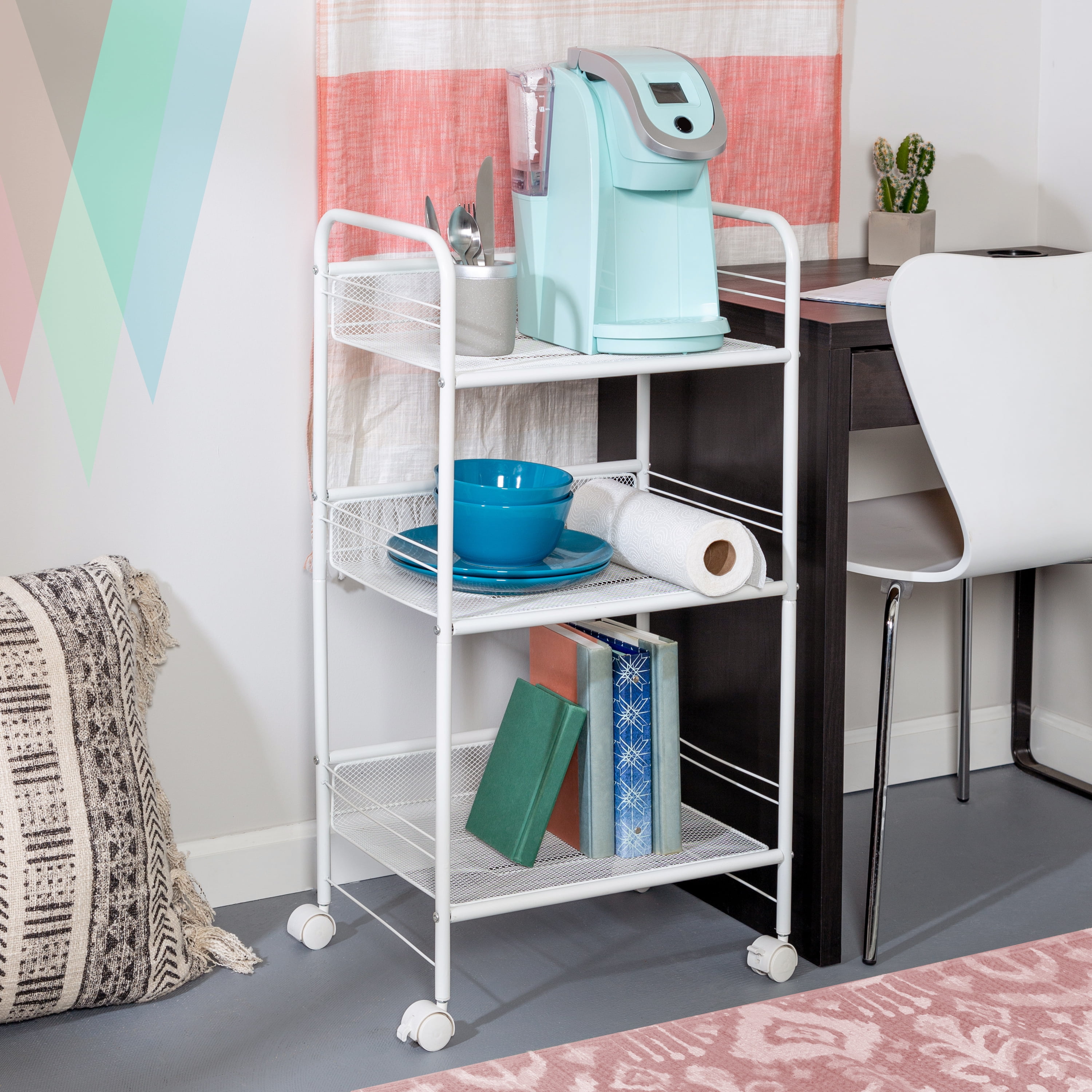 White 3-Tier Steel Wire Rolling Storage Cart with Lockable Casters