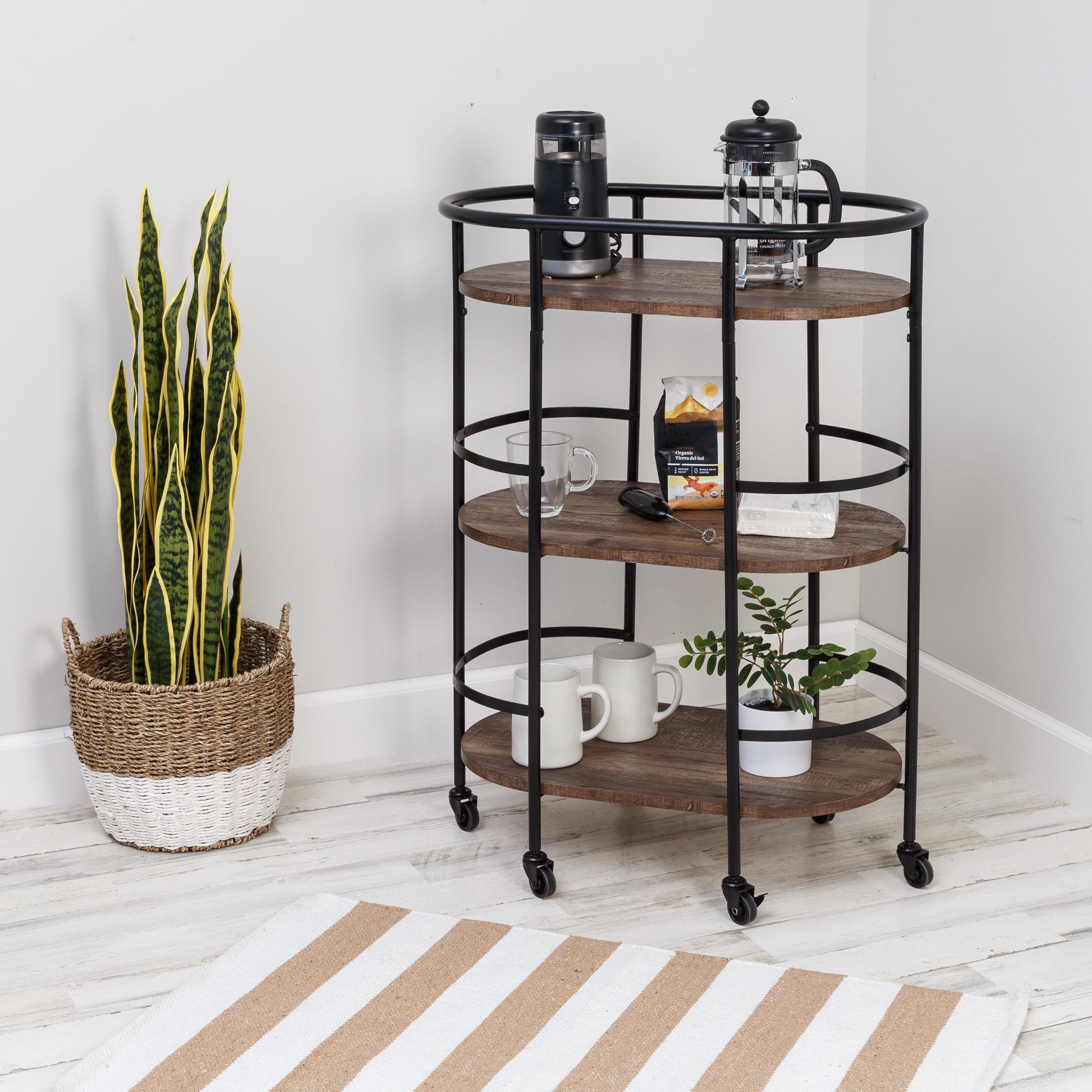 Rustic Brown and Black 3-Tier Oval Bar Cart with Storage