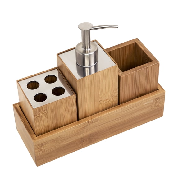 Honey-Can-Do 4 Piece Bamboo Bath Accessory Set, Natural Bamboo/Chrome