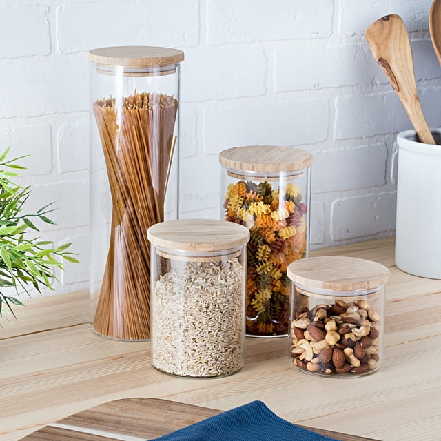 Honey Can Do 4-Piece Glass Jar Storage Set, Bamboo Lids, Natural/Clear