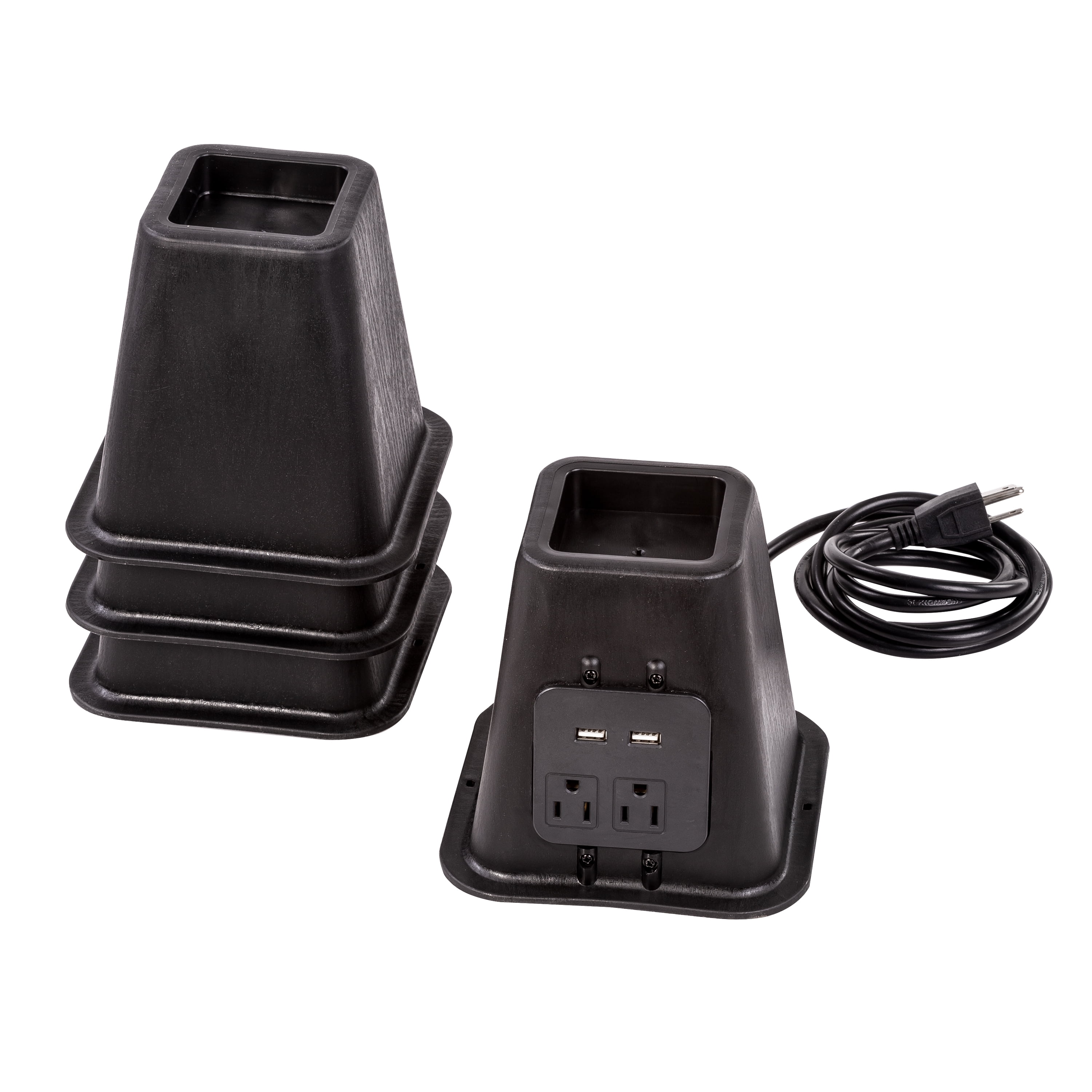 Black Plastic Bed Risers with Power Outlets and USB Ports