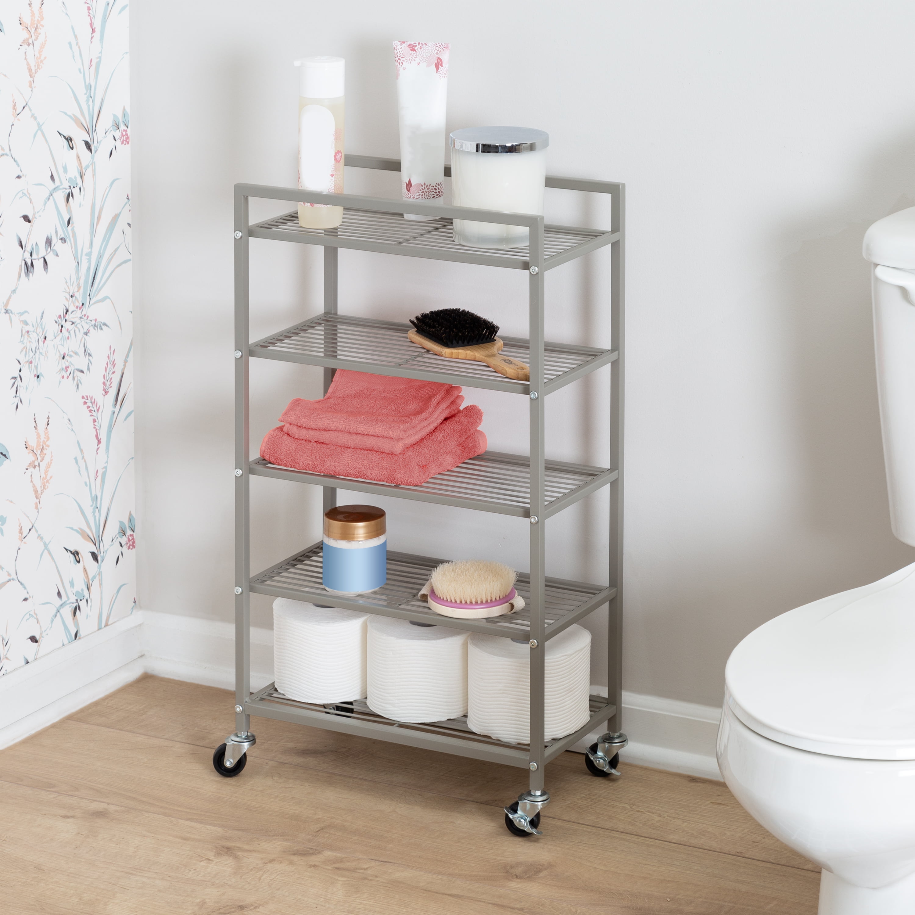 Satin Nickel 5-Tier Steel Rolling Bathroom Storage Cart
