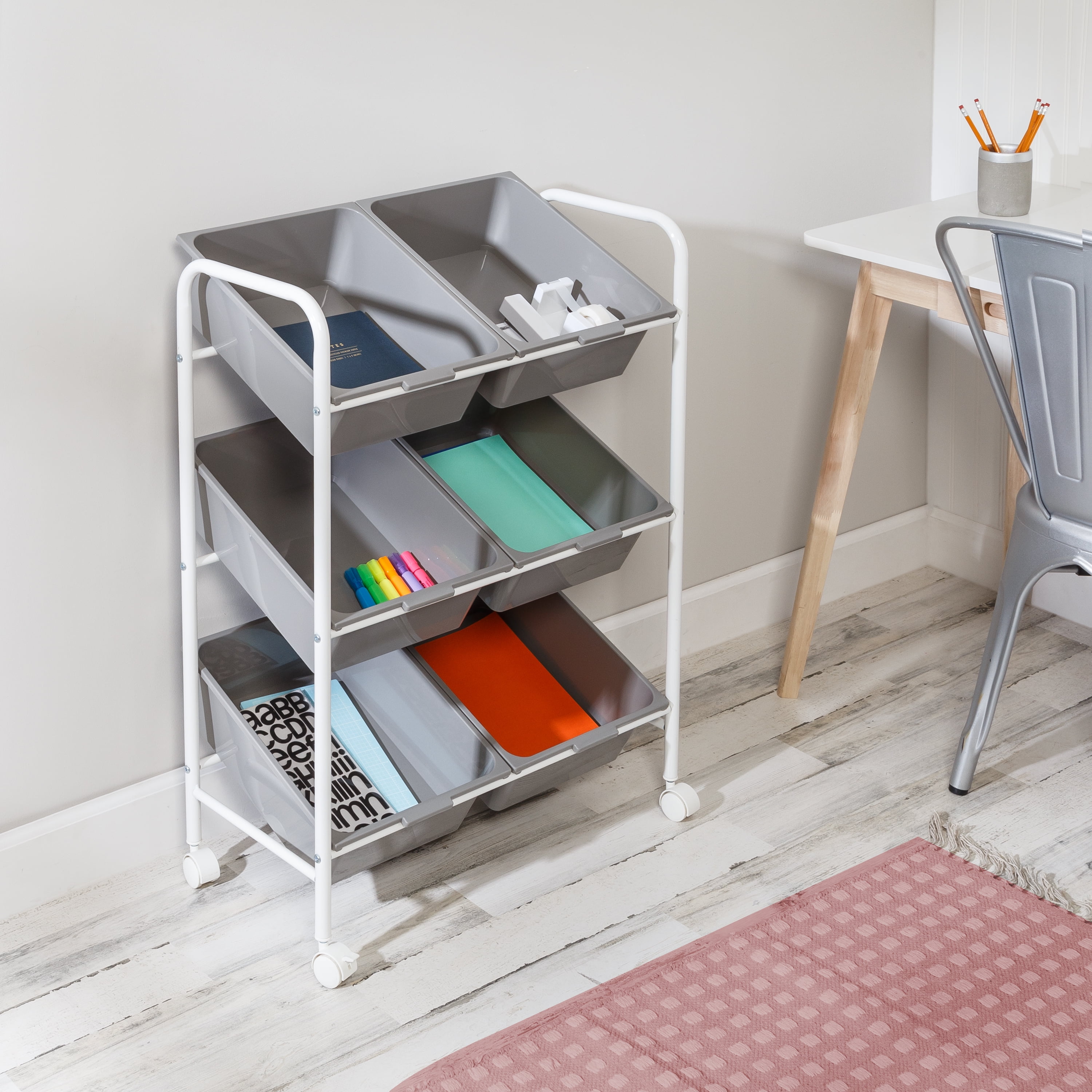 Honey Can Do 6-Bin Rolling Storage or Craft Cart, Grey/White
