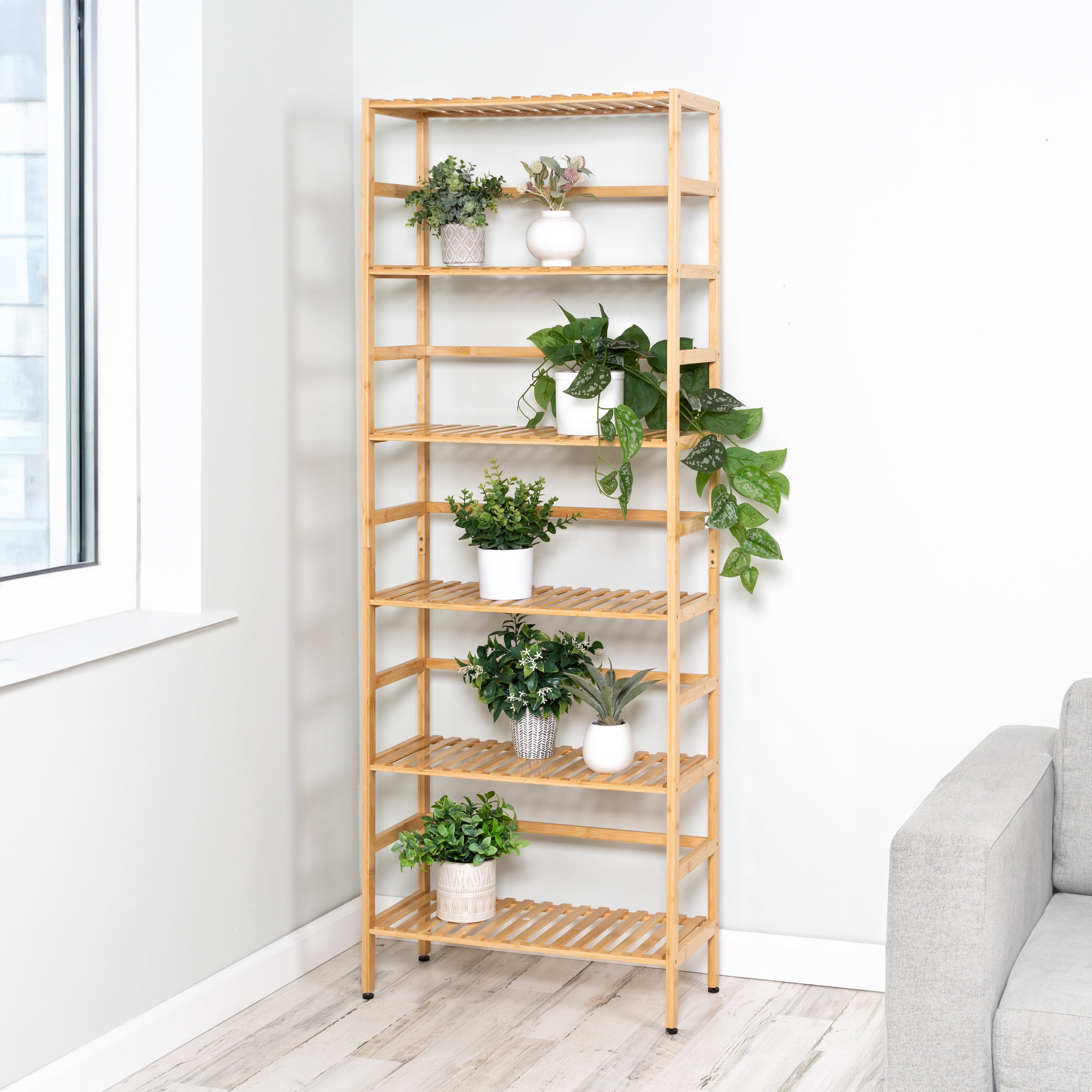 Natural Bamboo 6-Tier Adjustable Bookshelf, 64" Tall