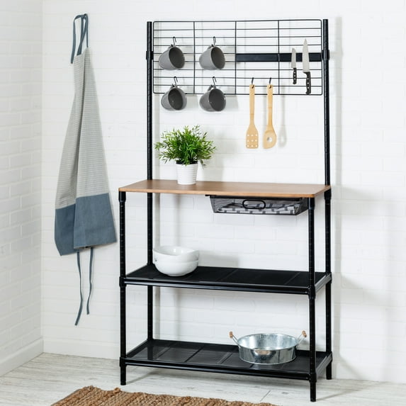 Honey-Can-Do 65.35" Baker's Rack with 3 Storage Shelves, Drawer, and 6 Hooks, Black/Natural