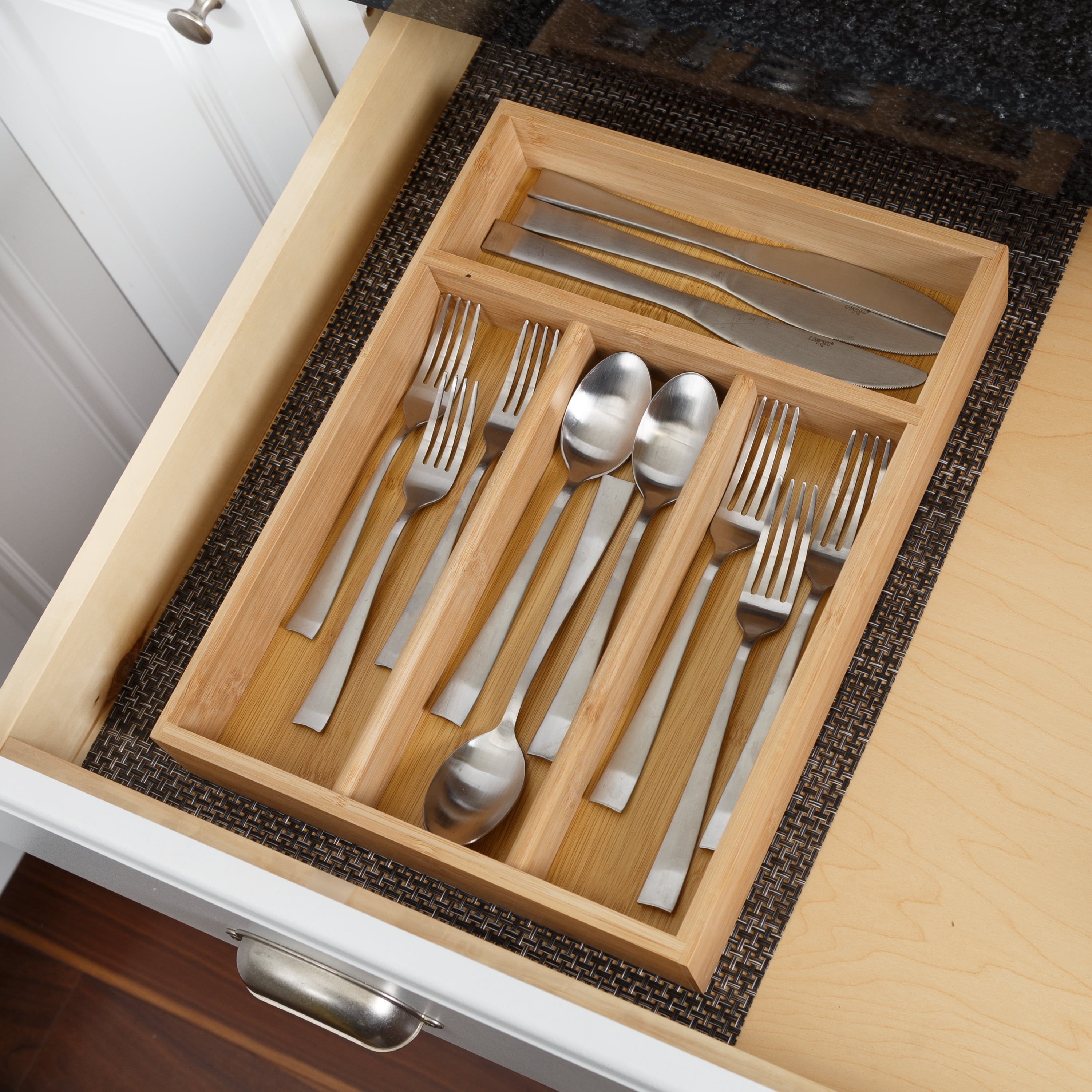 Natural Bamboo 4-Compartment Cutlery Tray Organizer
