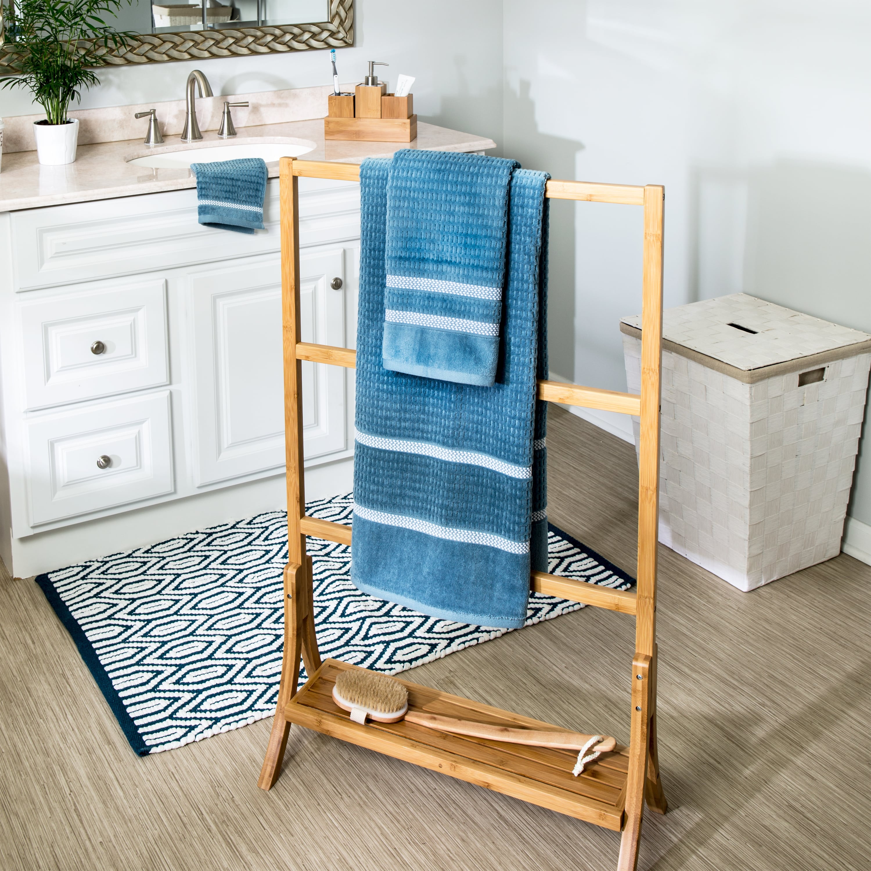 Natural Bamboo 3-Tier Freestanding Towel Rack with Shelf