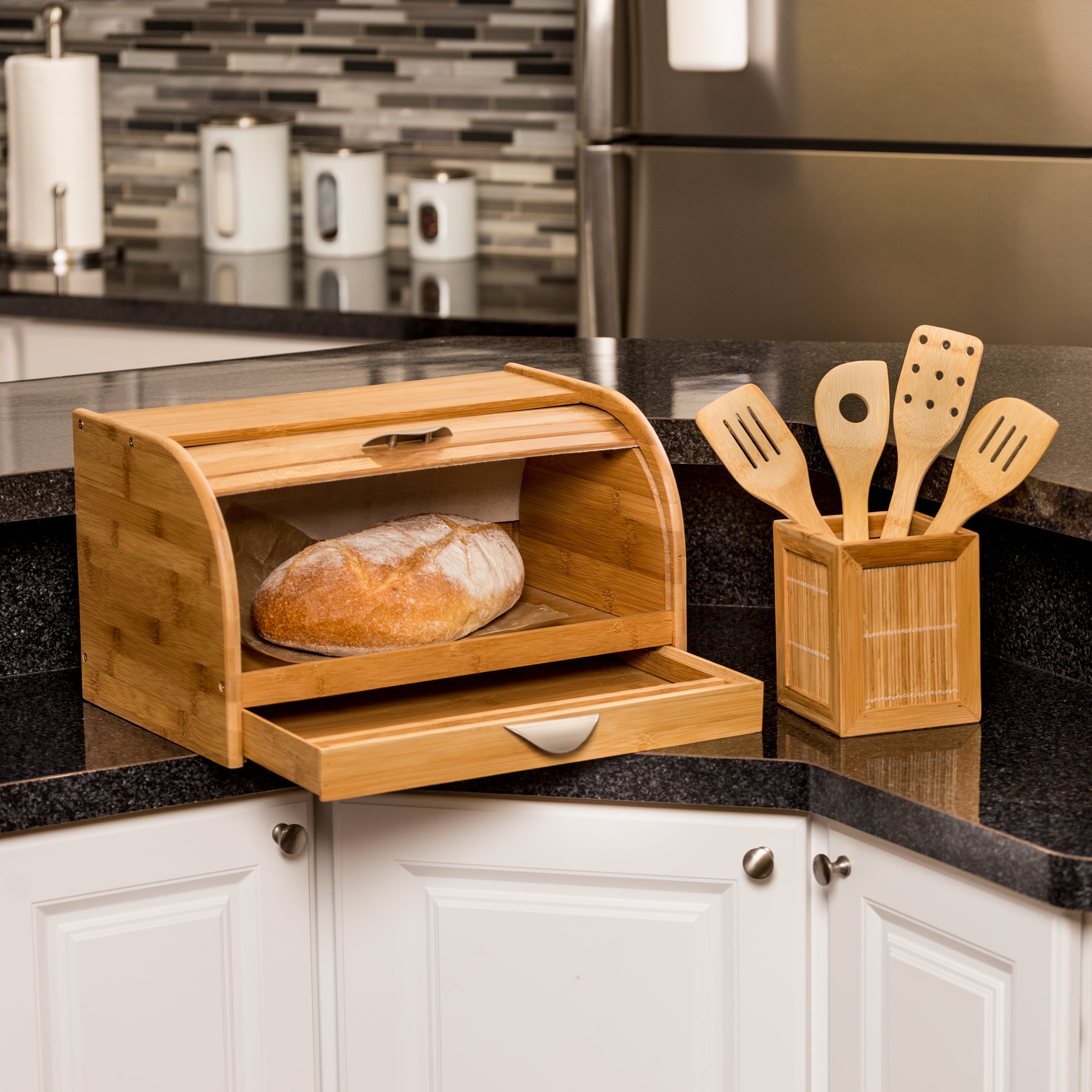 Honey Can Do Classic Bamboo Roll Top 16 Bread Box with Drawer Natural