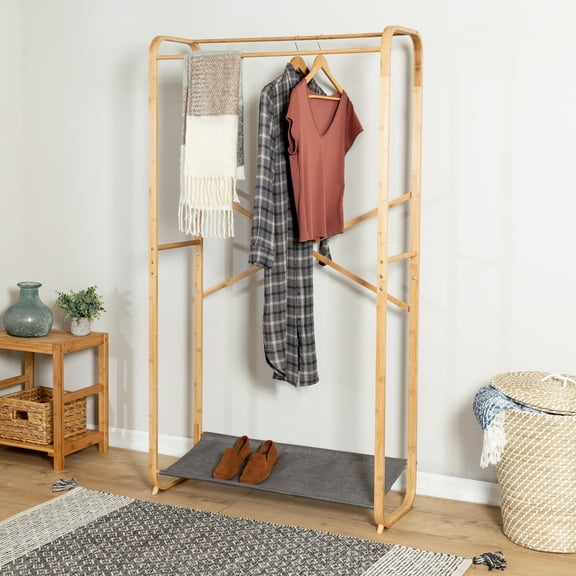 Honey-Can-Do Bamboo and Fabric Single Rod Clothes Rack, Natural/Gray