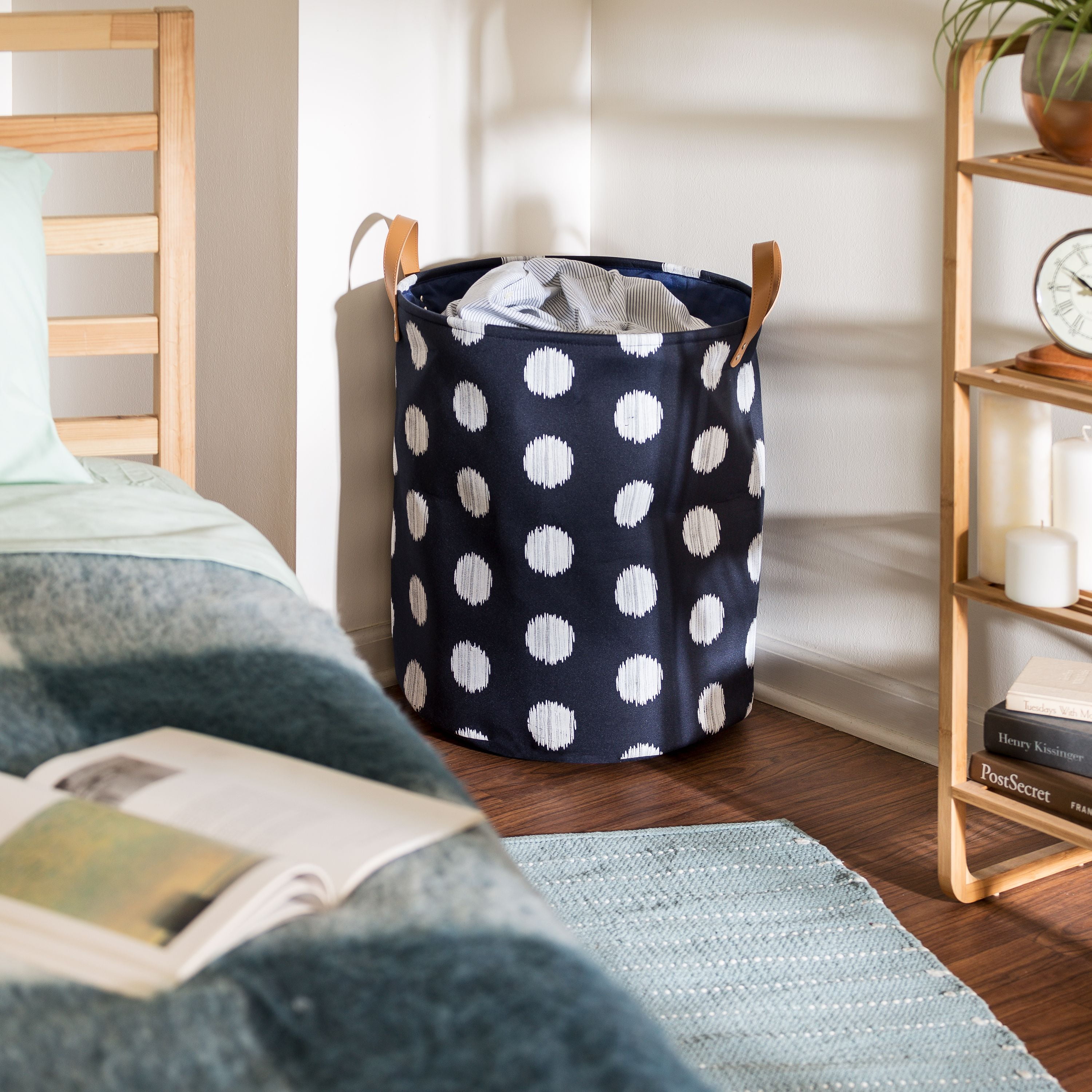 Navy Canvas Polka Dot Laundry Hamper with Faux Leather Handles