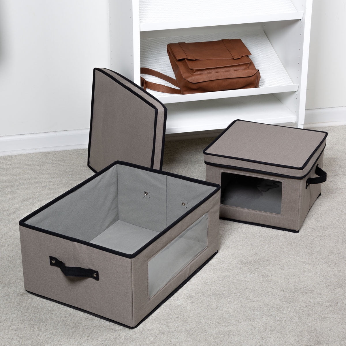 Gray Fabric Lidded Storage Boxes with Clear Window, 2-Pack