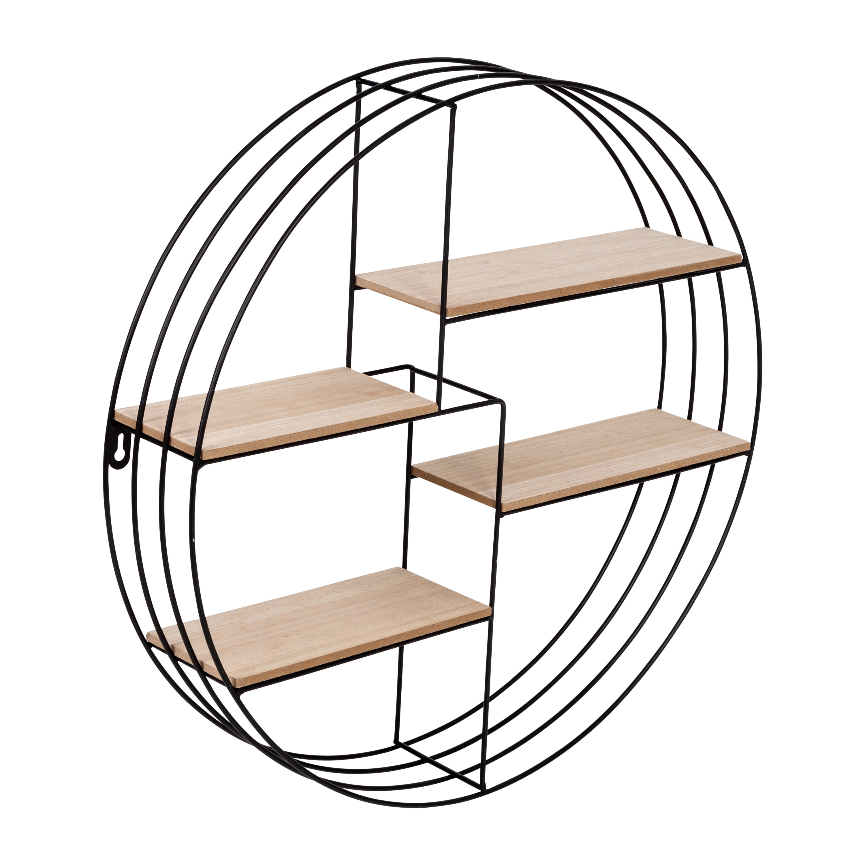 Black Round Steel and Wood Wall Display Shelf