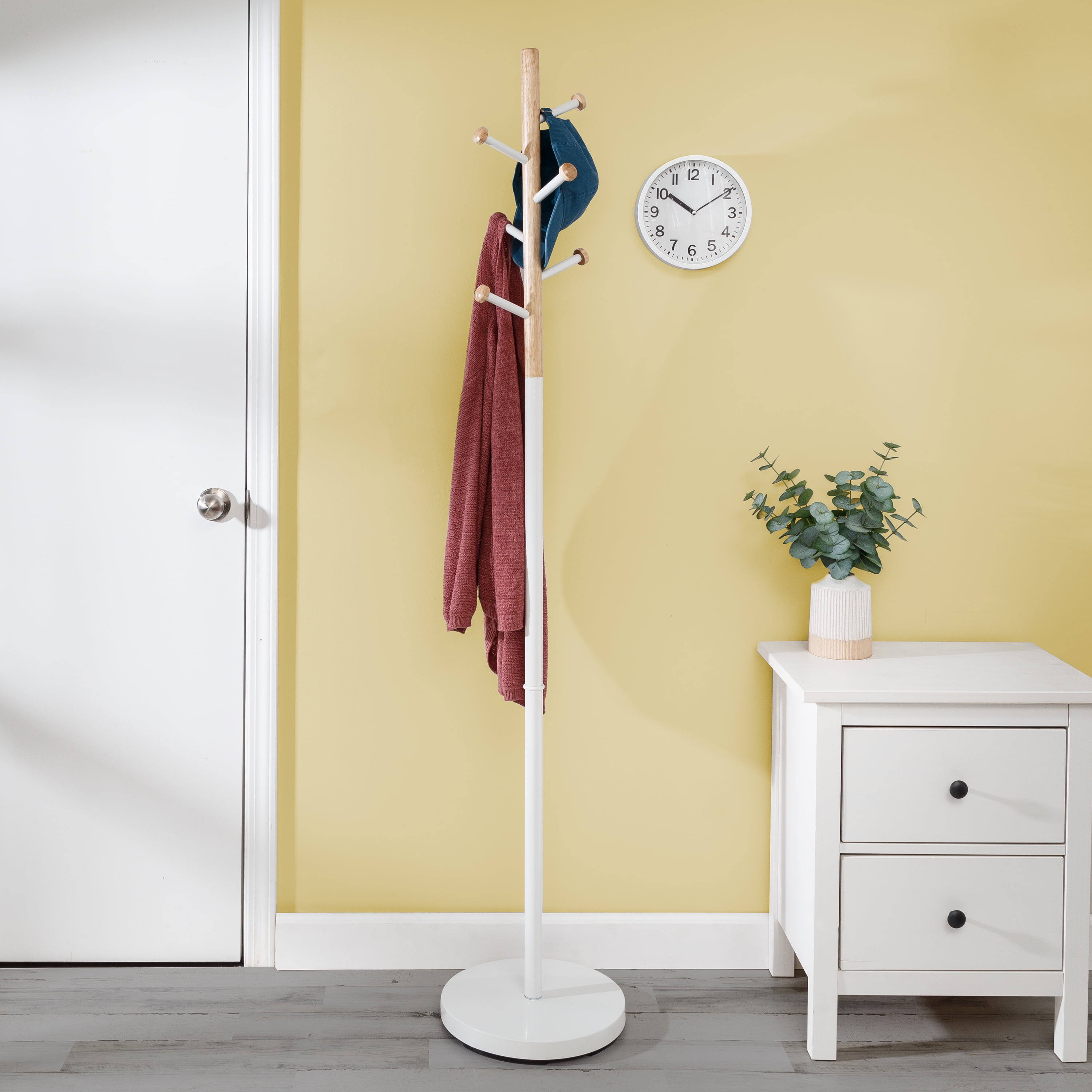 Honey Can Do Freestanding White Corner Coat Rack with 6 Hooks & Wood Accent