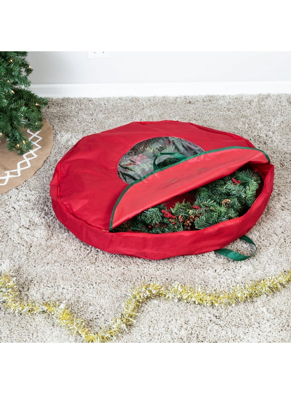 Honey-Can-Do Holiday 36" Wreath Polyester Storage Bag with Handles, Red