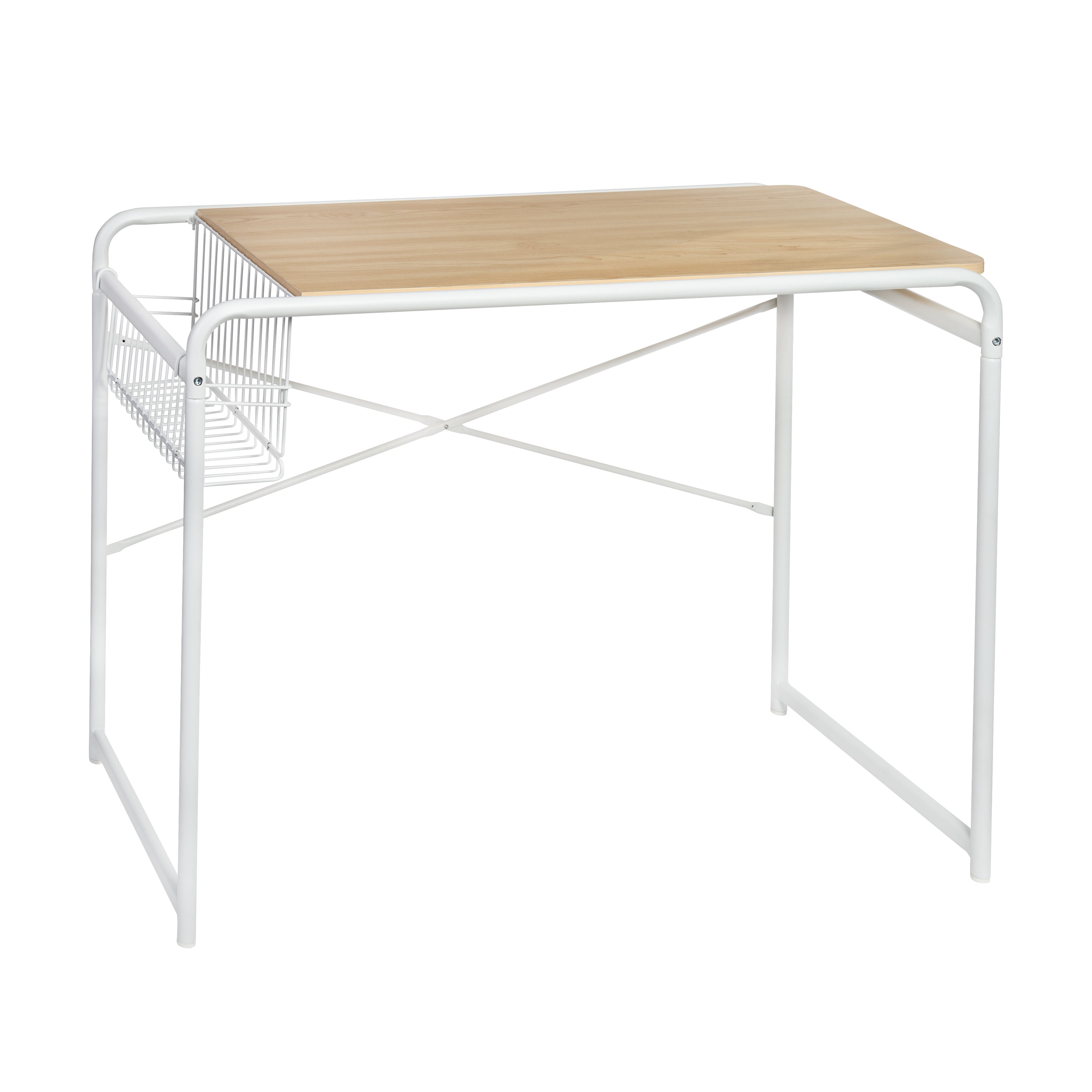 White and Natural Wood Computer Desk with Side Basket