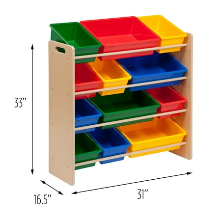 Honey-Can-Do MDF Kids Toy Storage Organizer with 12 Plastic Bins, Natural/Primary Colors