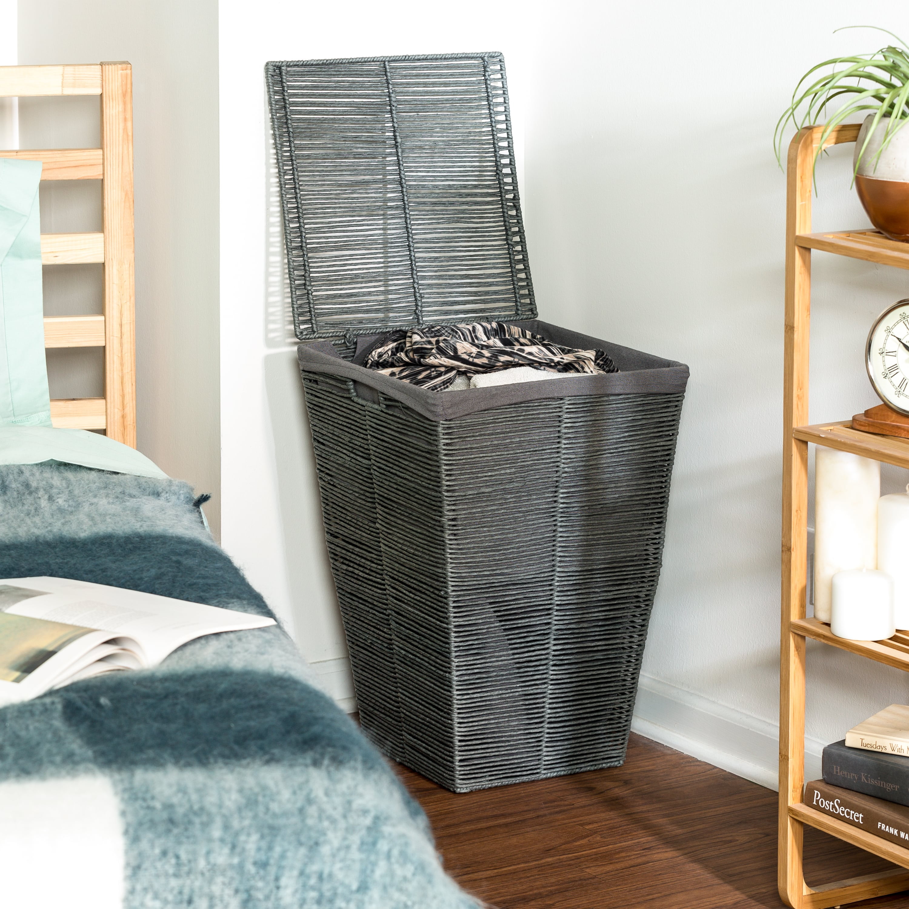 Honey Can Do Paper Rope Laundry Hamper with Hinged Lid Gray