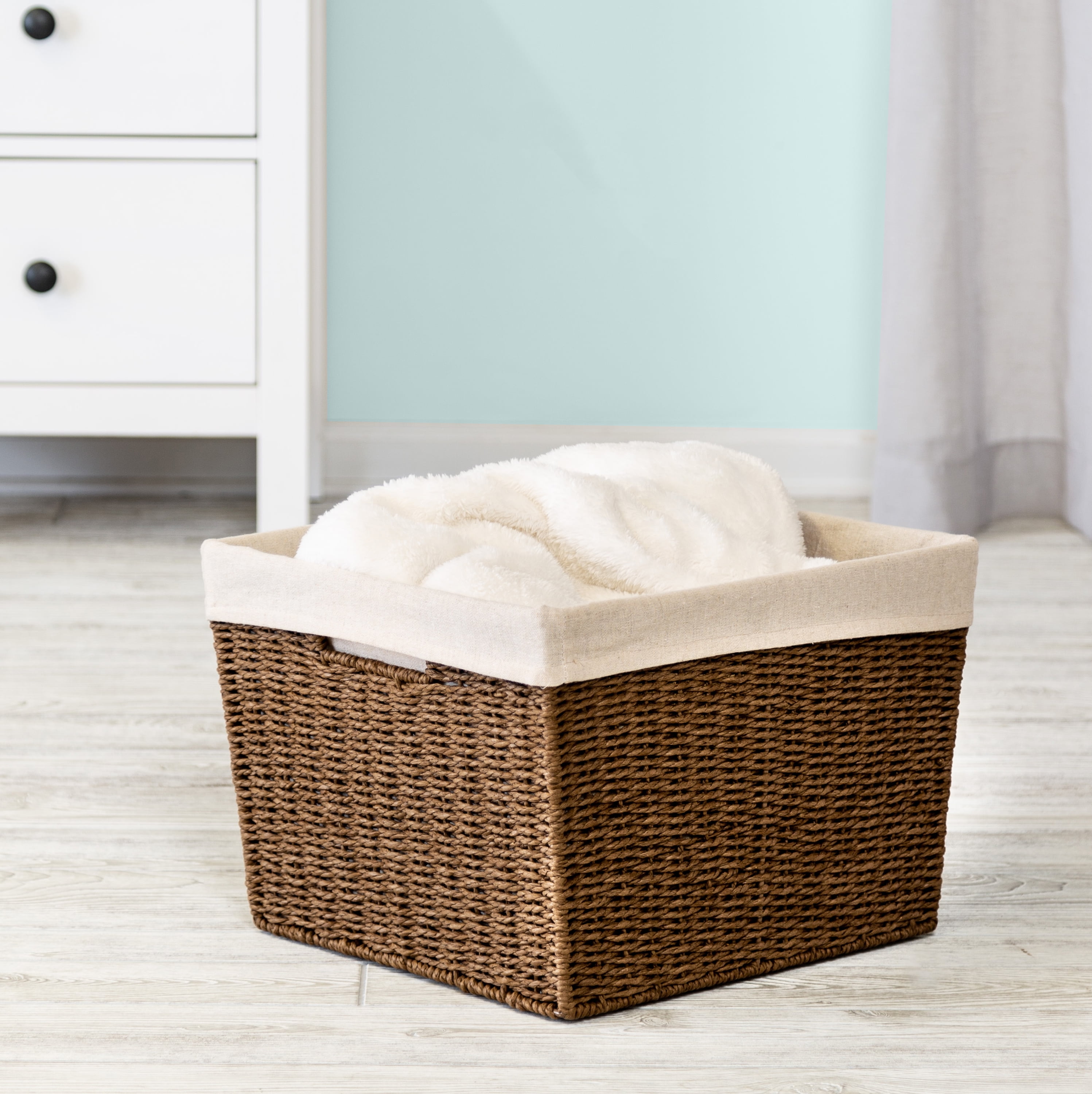 Large Brown Wicker Storage Basket with Liner