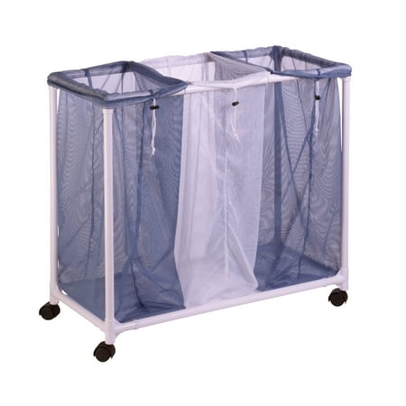 Honey-Can-Do Plastic 3-Compartment Polyester Mesh Rolling Laundry Sorter, Blue and White