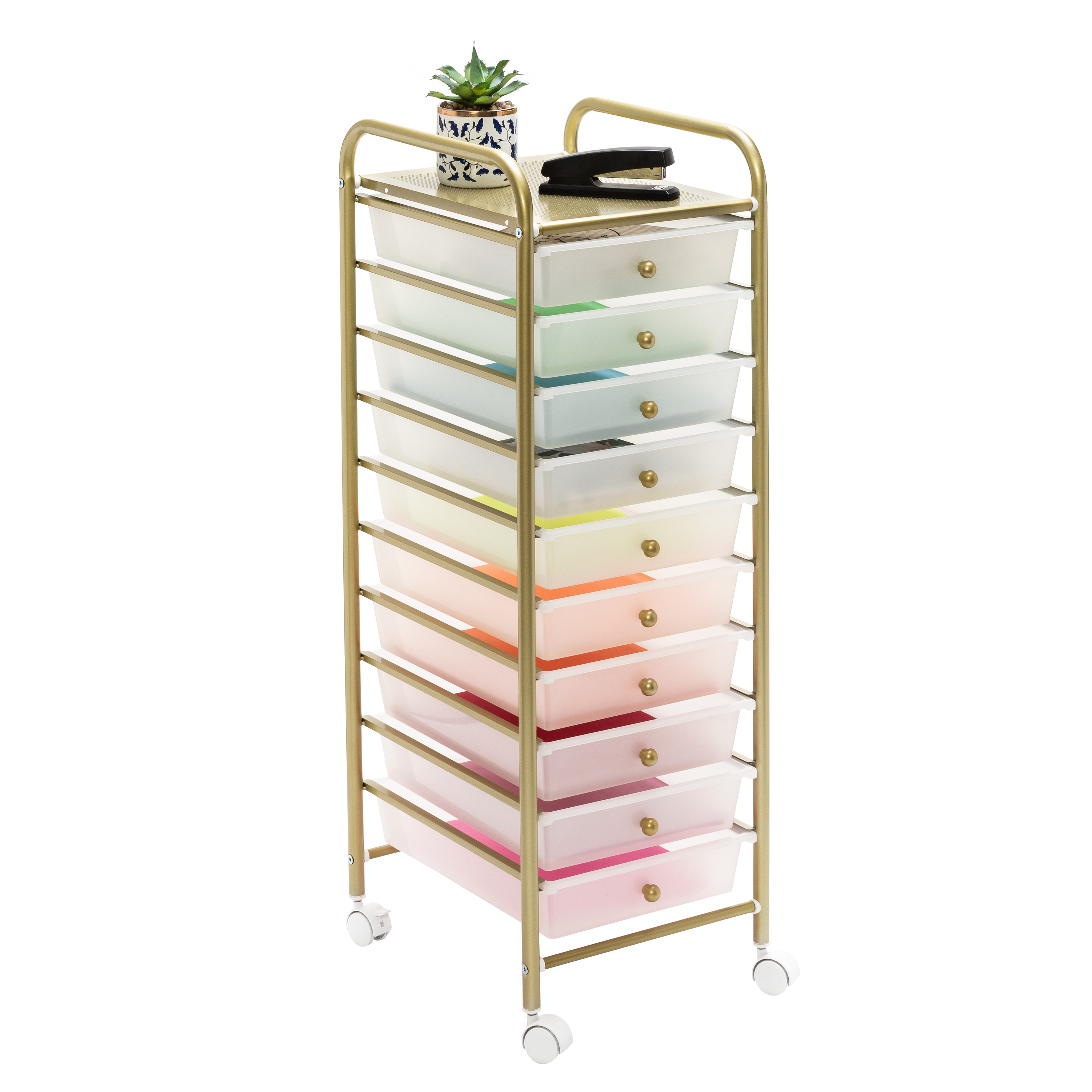 Honey-Can-Do Plastic and Steel 10-Drawer Rolling Storage Cart with 1 Shelf, Clear/Gold - image 1 of 10