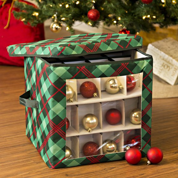 Honey-Can-Do Polyester 48-Ornament Storage Box, Green/Red Plaid