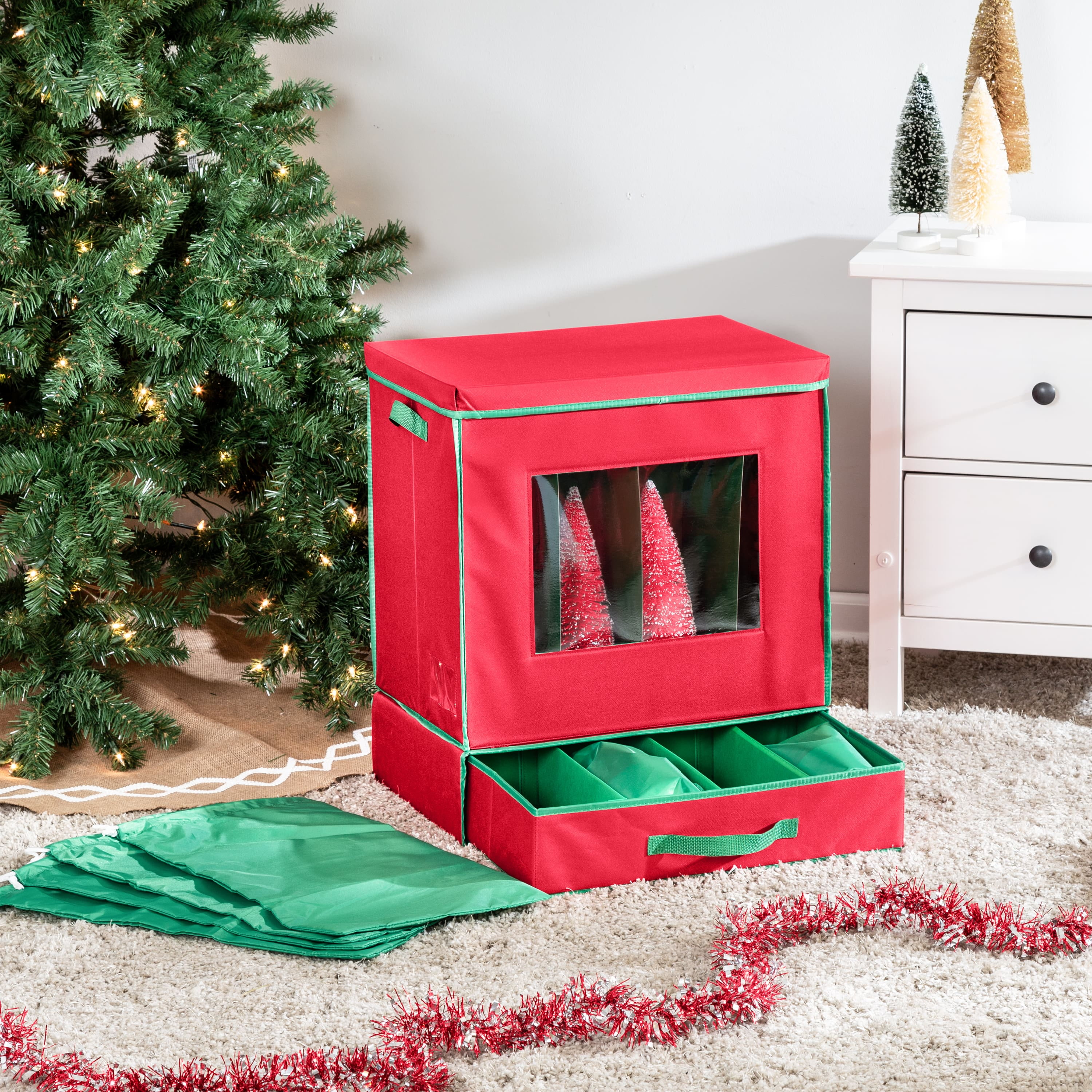 Red Fabric Christmas Ornament Storage Box with Viewing Window