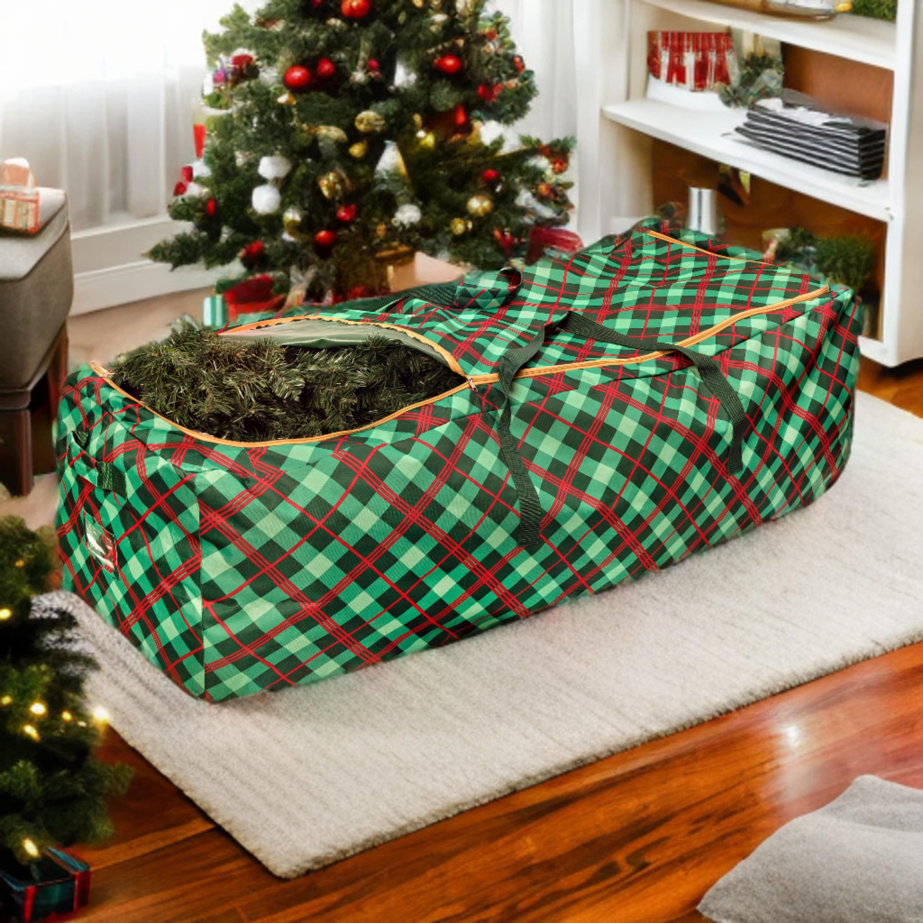 Extra Large Green and Red Plaid Rolling Christmas Tree Storage Bag